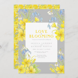 Love is blooming spring flower yellow gray wedding invitation