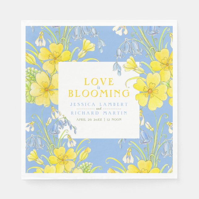 Love is blooming spring flowers blue wedding napkins (Front)