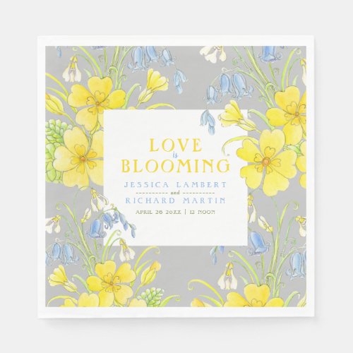 Love is blooming spring flowers gray wedding napkins