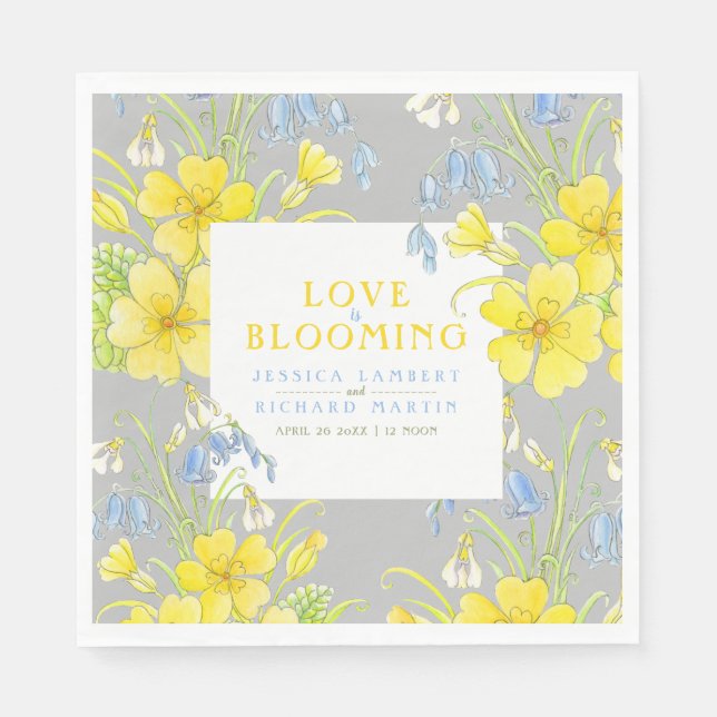 Love is blooming spring flowers gray wedding napkins (Front)