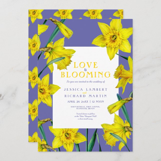 Love is blooming spring yellow daffodils wedding invitation (Front/Back)