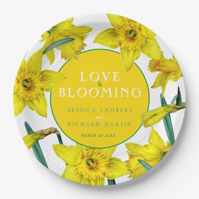 Love is blooming watercolor yellow spring wedding paper plates (Front)