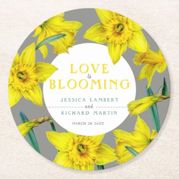 Love Is Blooming Watercolor Yellow Spring Wedding  Round Paper Coaster by mylittleedenweddings at Zazzle