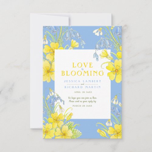 Love is blooming watercolor yellow spring wedding RSVP card