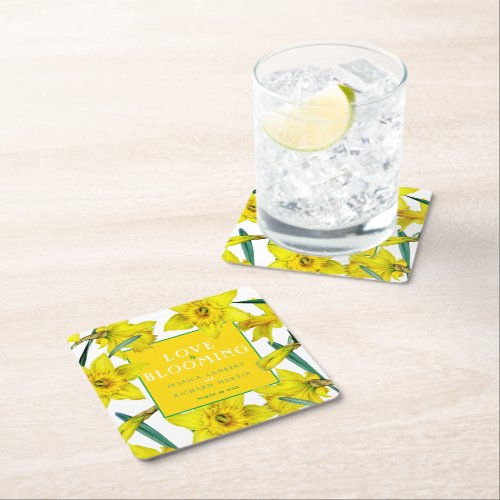 Love is blooming watercolor yellow spring wedding  square paper coaster