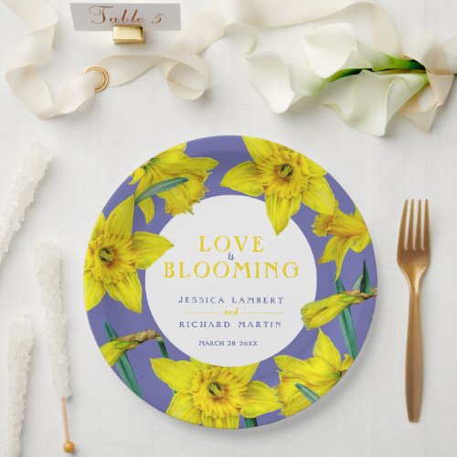 Love is blooming yellow spring wedding paper plates