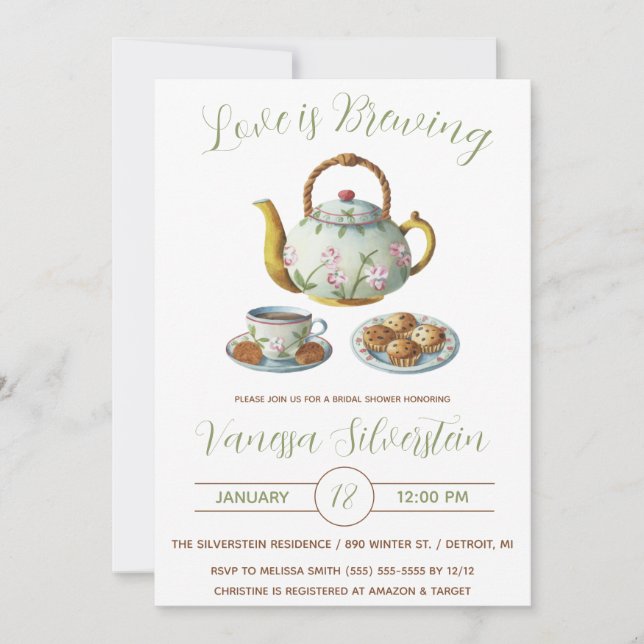 Love is Brewing, Afternoon Tea, Bridal Shower Invitation (Front)