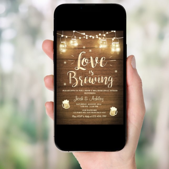 Love is brewing bbq rehearsal bridal shower Wood Invitation (Front Digital)