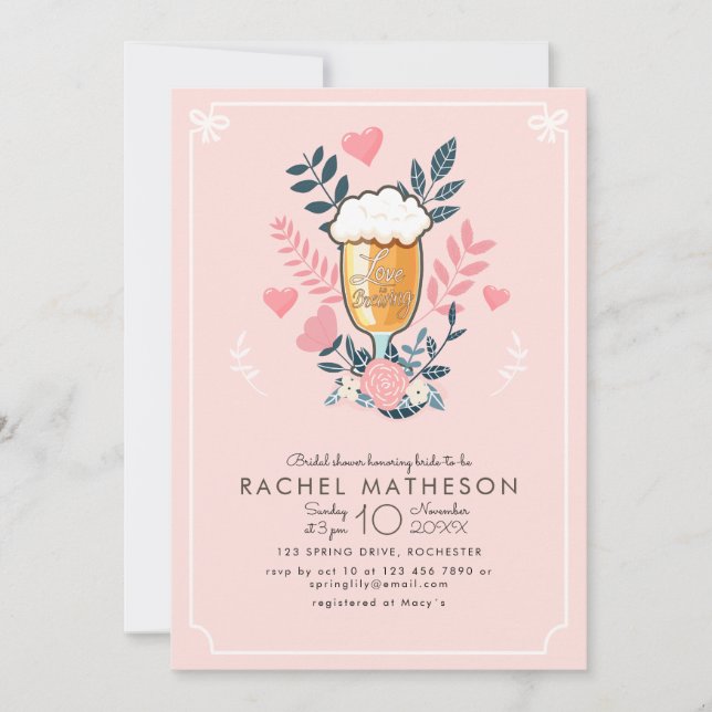Love is brewing beer glass bridal shower invitation (Front)