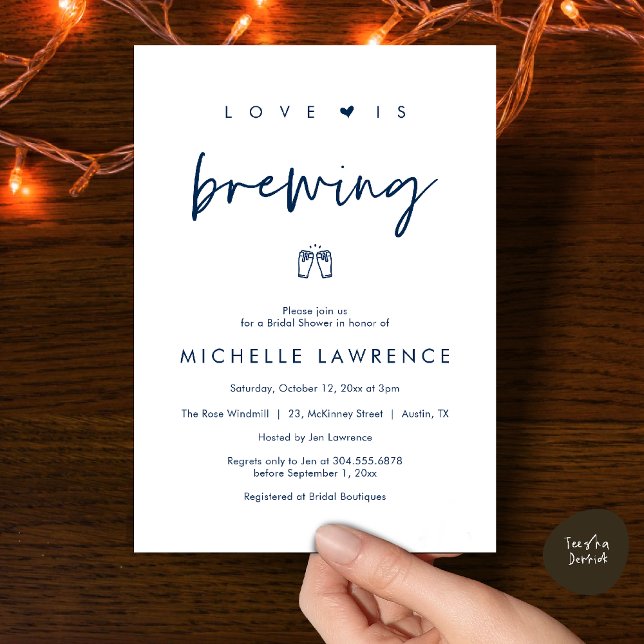 Love is brewing, Beer Party,  Bridal Shower Invitation (Love is brewing, Beer Party, Bridal Shower Invites card, booze love laughter, in navy blue)
