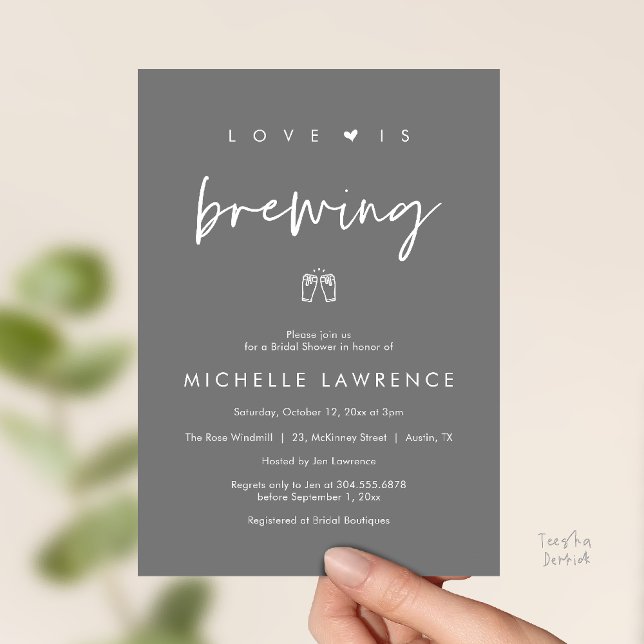 Love is brewing, Beer Party,  Bridal Shower Invitation (Love is brewing, Beer Party, Bridal Shower Invites card, booze love laughter, in dark grey)