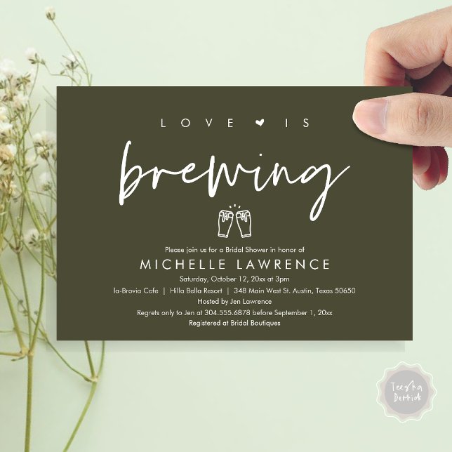 Love is brewing, Beer Party Bridal Shower Invitation (Love is Brewing, Bridal Shower Invitation Card, PDF, Beer Brew Party Celebration, Olive Sage Green)