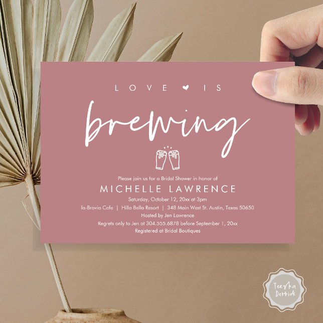 Love is brewing, Beer Party Bridal Shower Invitation (Love is Brewing, Bridal Shower Invitation Card, PDF, Beer Brew Party Celebration, Dusty Rose Pink)