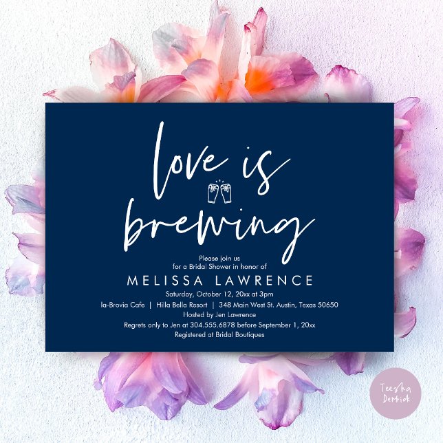 Love is brewing, Beer Party Bridal Shower, Navy Invitation (Love is brewing, Beer Party Bridal Shower Invitation Card, PDF, in Navy Blue)