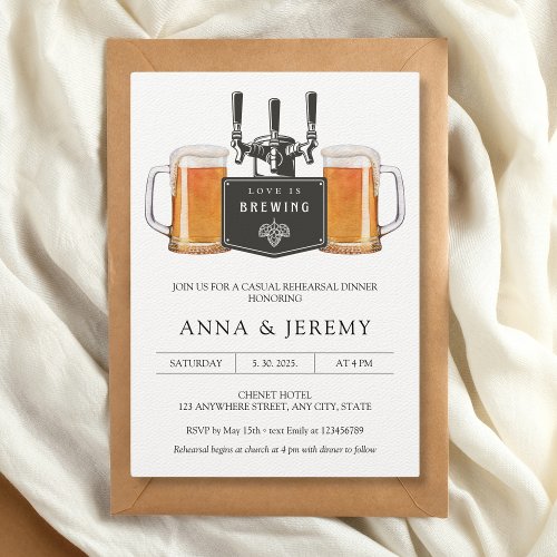 Love is brewing Beer Pizza Casual Rehearsal Dinner Invitation