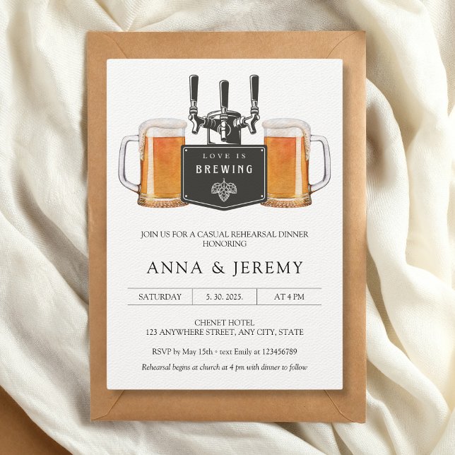 Love is brewing Beer Pizza Casual Rehearsal Dinner Invitation (Beer rehearsal dinner - love is brewing, brews before I do's)