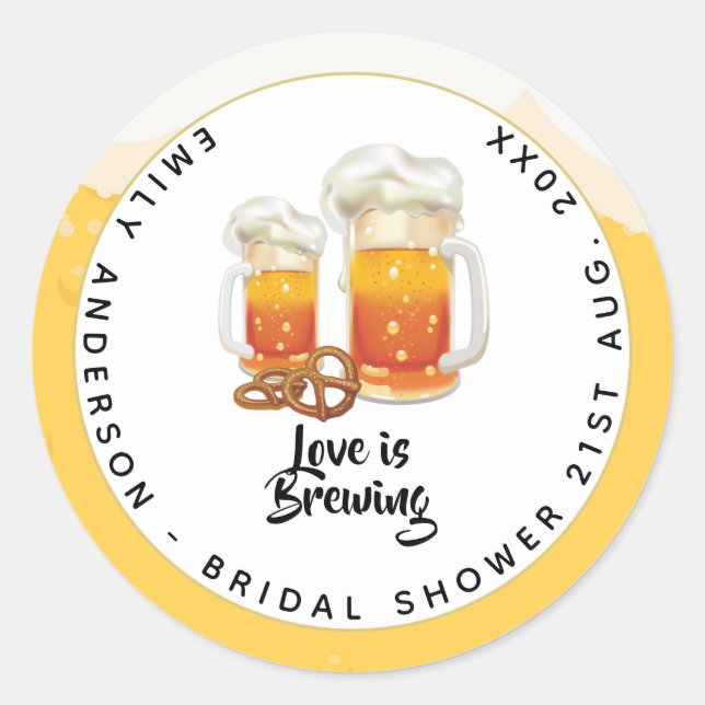 Love Is Brewing BEER Pretzel Bridal Shower Classic Round Sticker (Front)