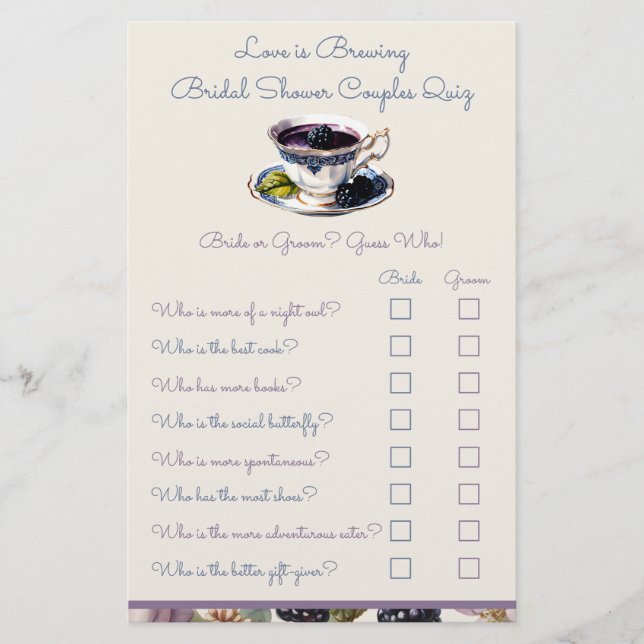 Love is Brewing Blackberry Couple Quiz Shower Game (Front)