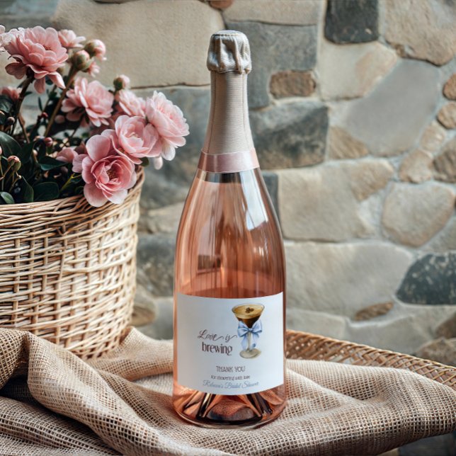 Love is Brewing Blue Bow Coffee Bridal Shower Sparkling Wine Label (Creator Uploaded)