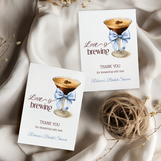 Love is Brewing Blue Bow Coffee Bridal Shower Thank You Card (Creator Uploaded)