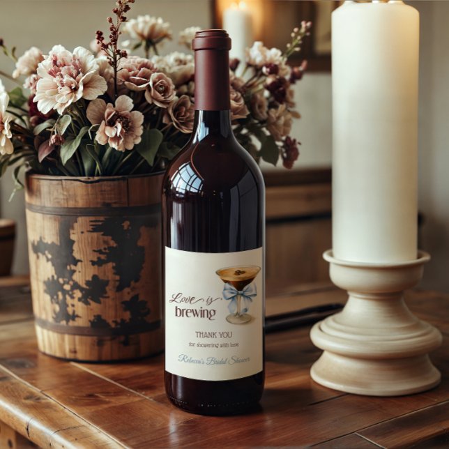 Love is Brewing Blue Bow Coffee Bridal Shower Wine Label (Creator Uploaded)