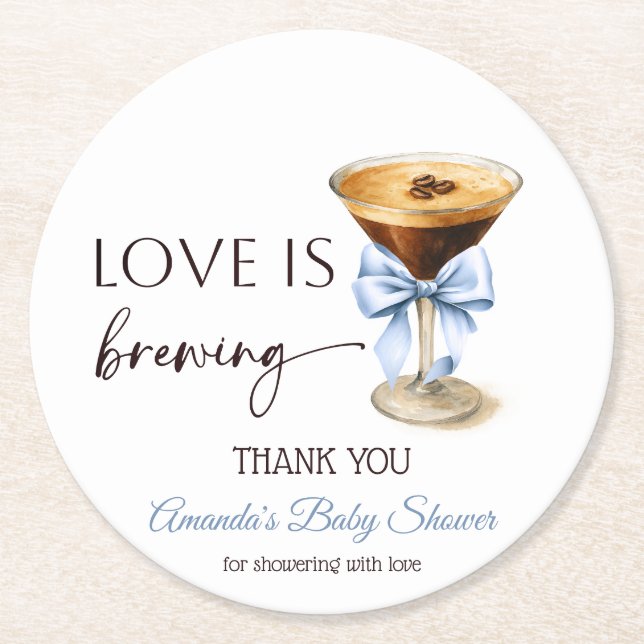 Love is Brewing Blue Coquette Bow Bridal Shower Round Paper Coaster (Front)