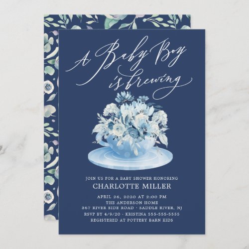 Love is Brewing Blue Floral Baby Boy Tea Shower Invitation