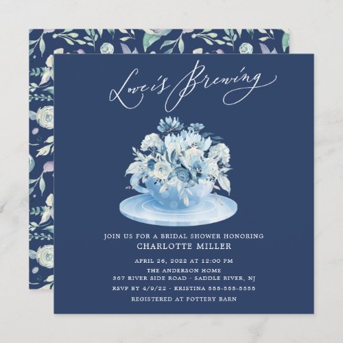 Love is Brewing Blue Floral Bridal Tea Shower Invi Invitation