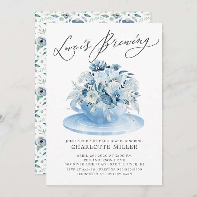 Love is Brewing Blue Floral Bridal Tea Shower Invi Invitation (Front/Back)