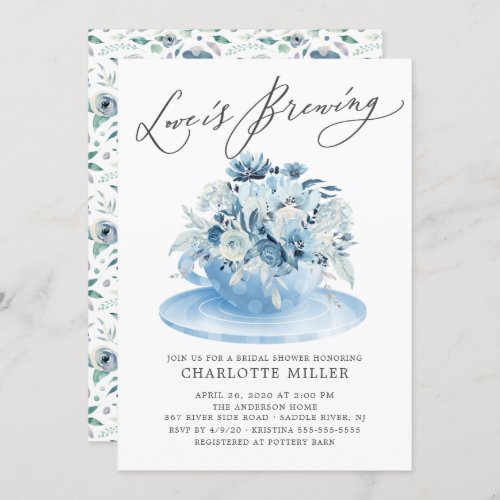 Love is Brewing Blue Floral Bridal Tea Shower Invi Invitation