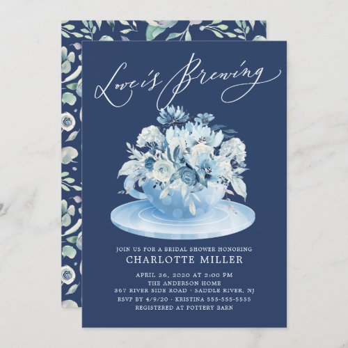 Love is Brewing Blue Floral Bridal Tea Shower Invitation