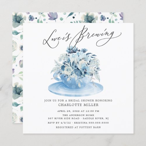 Love is Brewing Blue Floral Bridal Tea Shower  Invitation