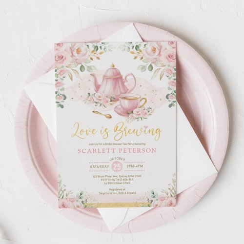 Love is Brewing Blush Flower Bridal Shower Tea Invitation