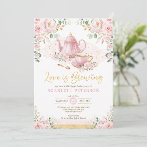 Love is Brewing Blush Flower Bridal Shower Tea Invitation | Zazzle