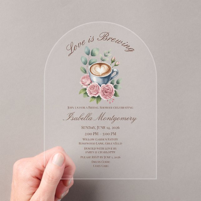 Love Is Brewing Blush Latte Bridal Shower Acrylic Invitations (Insitu (Handheld))
