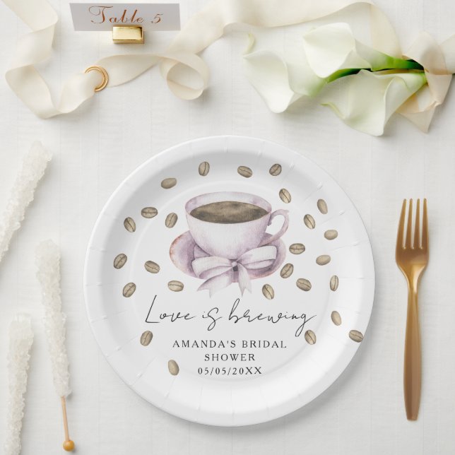 Love is brewing Bow Coffee Bridal shower Paper Plates (Wedding)
