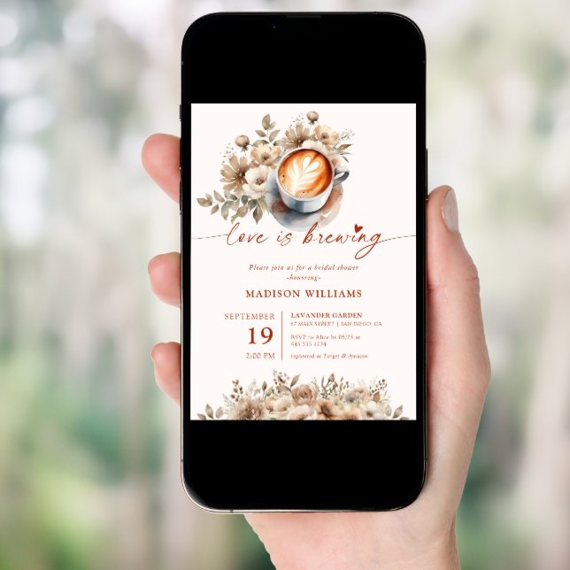 Love Is Brewing Bridal Shower Coffee &  Floral Invitation (Front Digital)