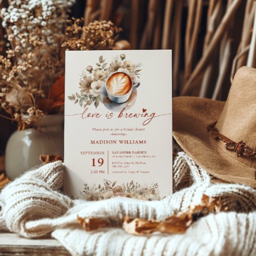 Love Is Brewing Bridal Shower Coffee   Floral Invitation