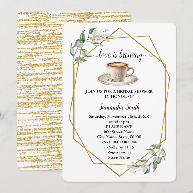 Love is Brewing Bridal Shower Coffee Greenery Invitation (Front/Back)
