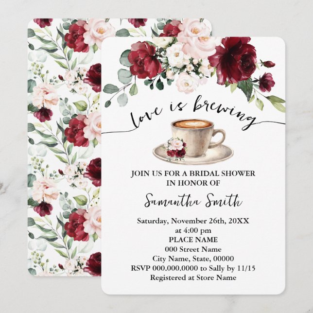 Love is Brewing Bridal Shower Coffee Marsala Invitation (Front/Back)
