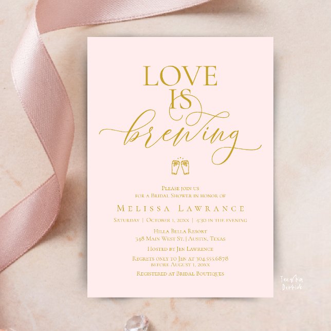 Love Is Brewing Bridal Shower | Elegant Script Invitation (Love Is Brewing Bridal Shower | Elegant Script Invitation Card in Gold and Blush)