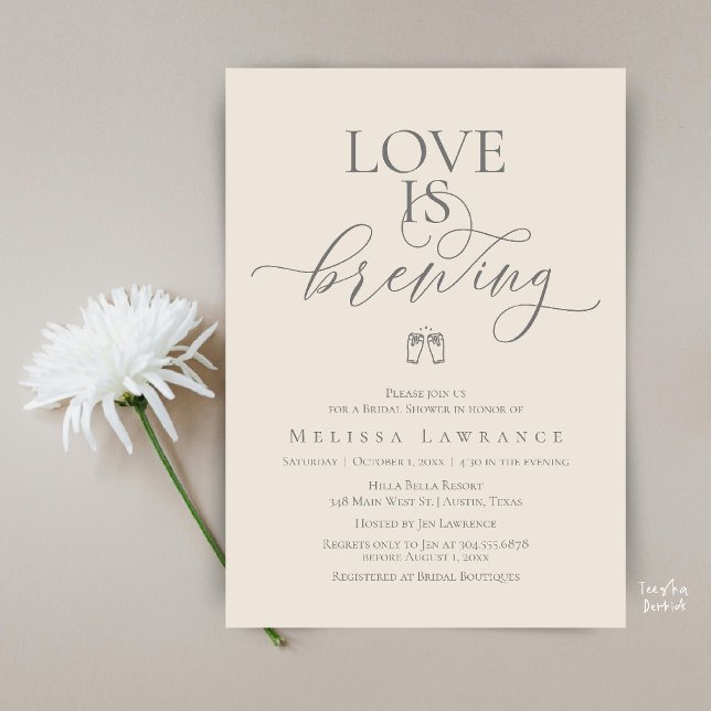 Love Is Brewing Bridal Shower | Elegant Script Invitation (Love Is Brewing Bridal Shower | Elegant Script Invitation Card in Grey Cream)