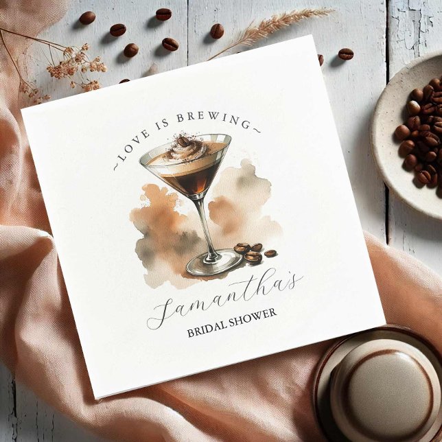 Love is Brewing Bridal Shower Espresso Martini Napkins (Bridal shower napkins coffee espresso martini theme illustrated art Do Tell A Belle)
