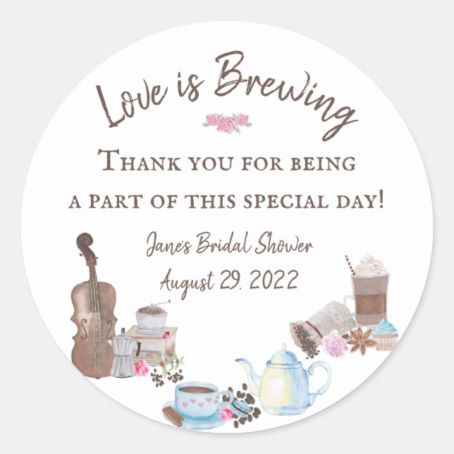 Love is Brewing Bridal Shower Favor Stickers (Front)