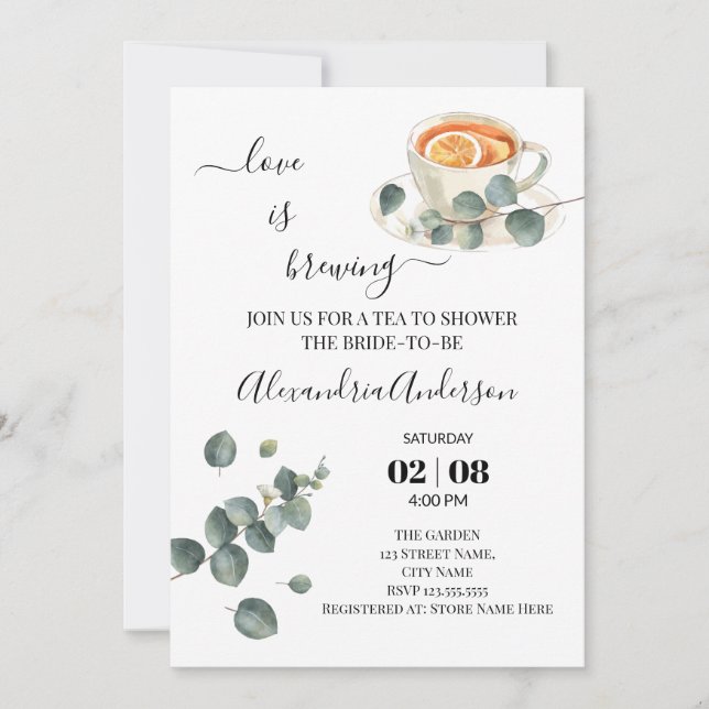 Love Is Brewing Bridal Shower Greenery Eucalyptus Invitation (Front)