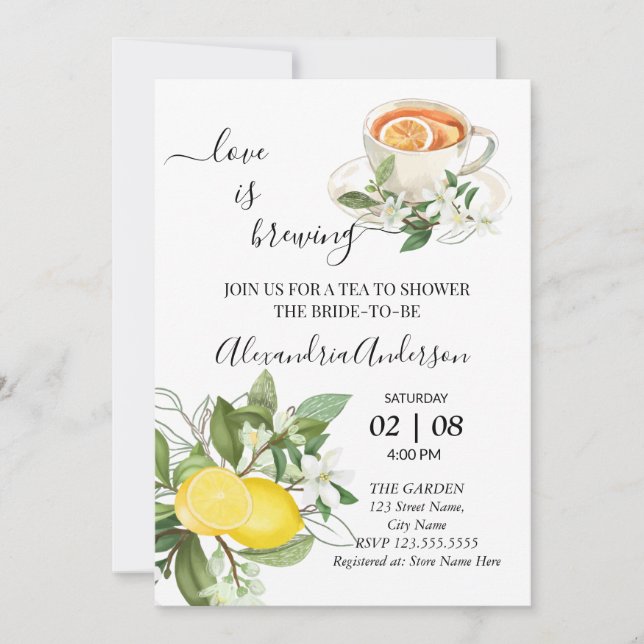 Love Is Brewing Bridal Shower Greenery Lemony Invitation (Front)