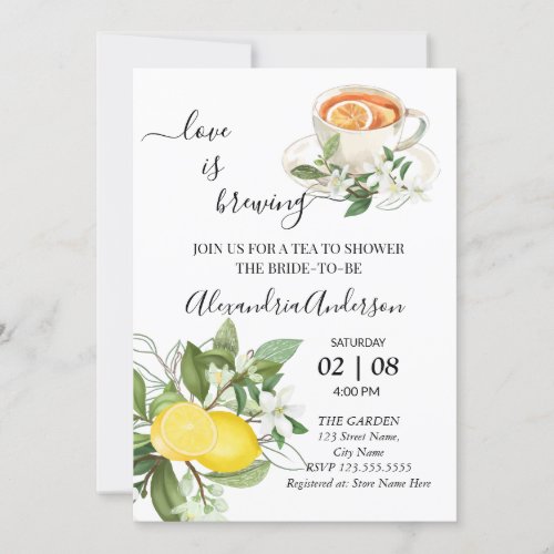 Love Is Brewing Bridal Shower Greenery Lemony Invitation