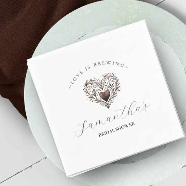 Love is Brewing Bridal Shower Napkins (Love is brewing bridal shower custom napkins by Victoria Grigaliunas heart and personalization.)