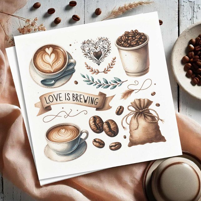 Love is Brewing Bridal Shower Napkins (Love is brewing coffee themed paper napkins illustrated art Do Tell A Belle)