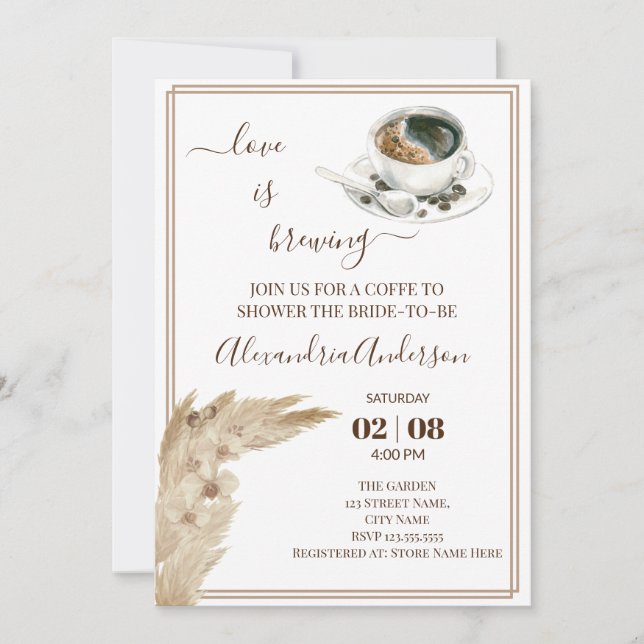 Love Is Brewing Bridal Shower Pampa Grass Invitati Invitation (Front)